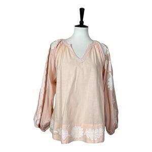 Sweet Magnolia Top Floral Embroidery Popover V-neck Pink White Women’s Size XL